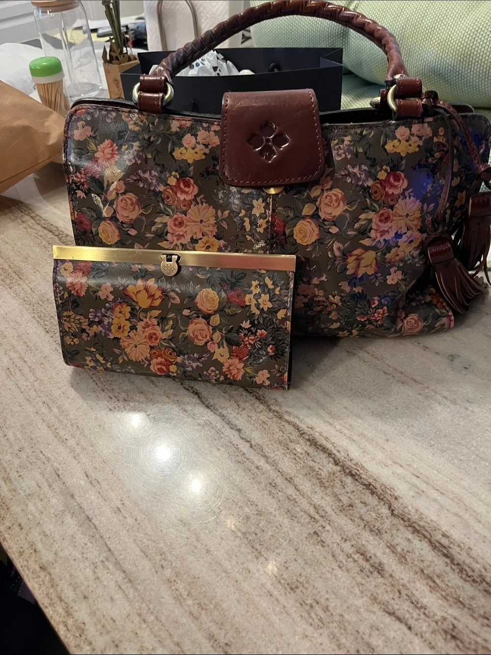 Patricia Nash Floral Print Shoulder Satchel in Brown with Tassel Accent w/wallet